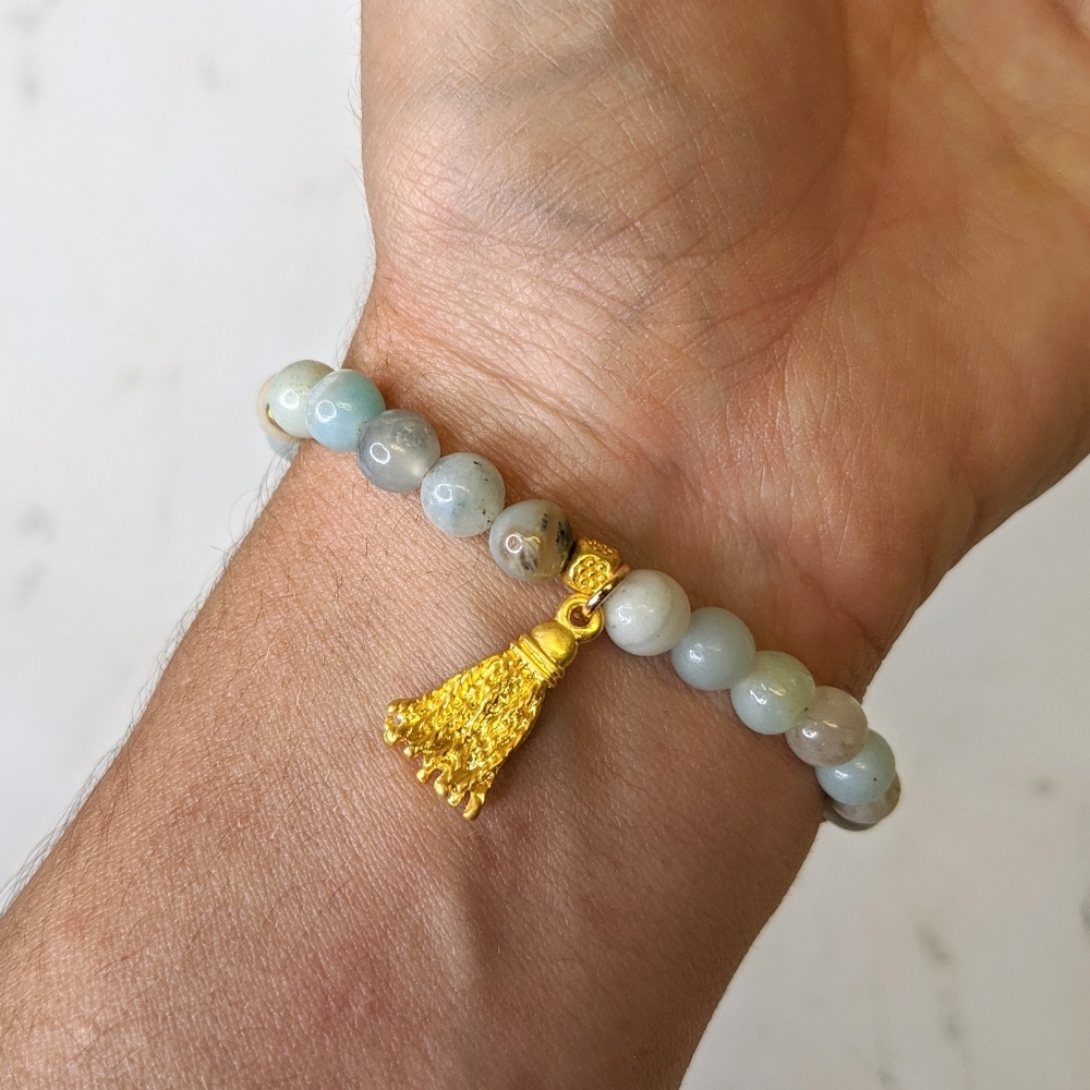 Stretchy Mala Bracelet with Gold Tassel - Picture 2 of 6